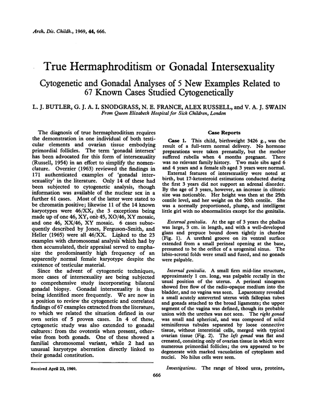 True hermaphroditism or gonadal intersexuality. and gonadal