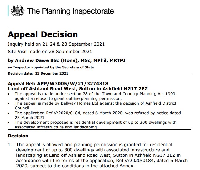 Appeal allowed Ashland Road West ADC Infrastructure