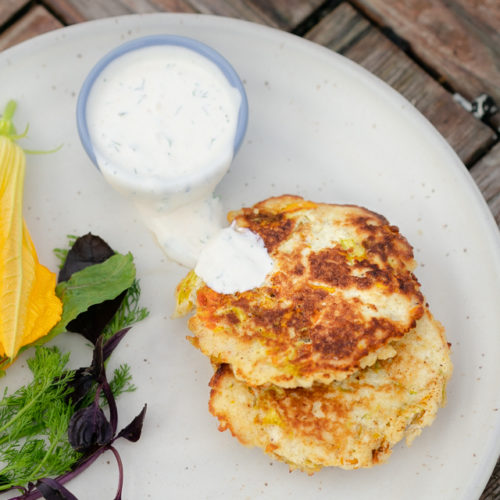 Squash Blossom Fritters with a Creamy Dill Yogurt Sauce