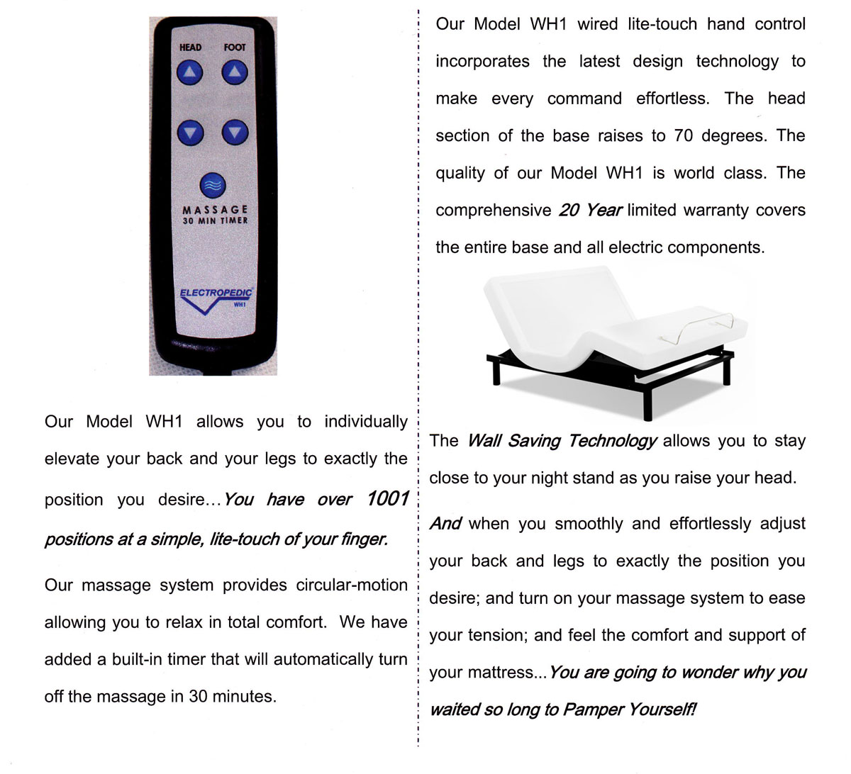Adjustable Beds Model WH1 Electropedic