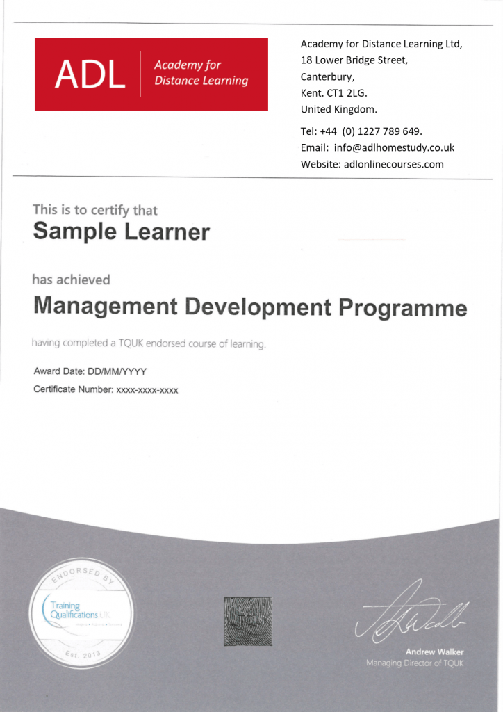 TQUK Sample Certificate and Transcript Academy for Distance Learning