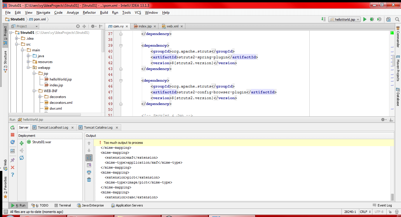 "Too much output to process" when run jsp homepage in Struts 2 project