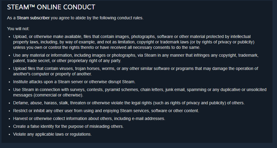 Old Steam <!-- raw HTML omitted -->Online Conduct Policy.<!-- raw HTML omitted -->
