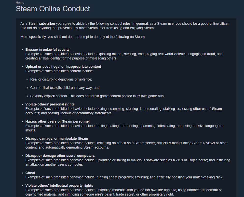 The new Steam Online Conduct policy including new rules against smurfing and cheating.