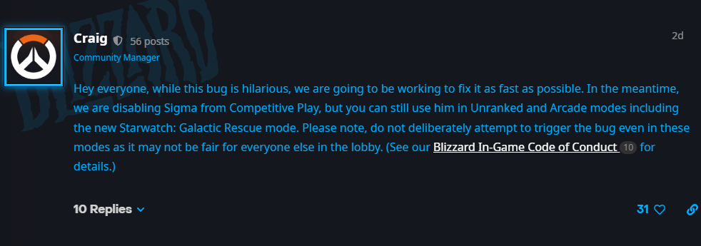 Blizzard&rsquo;s response to the Overwatch 2 Sigma ultimate bug (Image via Blizzard Entertainment)