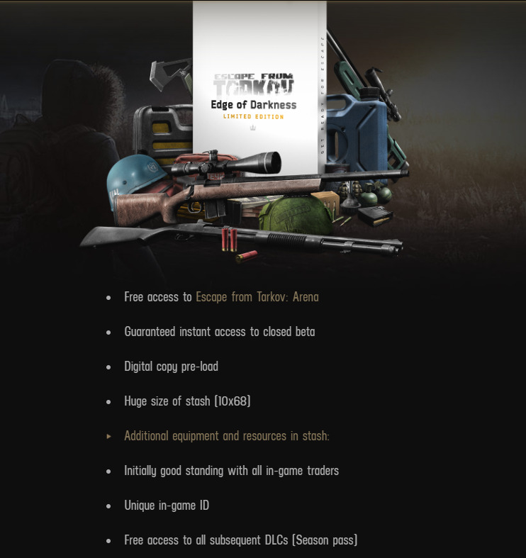 Priced at €155, players will have several rewards in the Edge of Darkness version (Image via EFT Website)