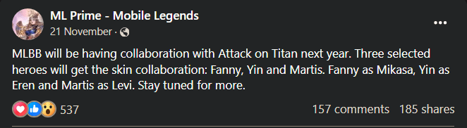 <!-- raw HTML omitted -->ML Prime<!-- raw HTML omitted --> suggested that a Mobile Legends x Attack on Titan collaboration is in the works.<!-- raw HTML omitted -->(Screenshot via esports.gg)