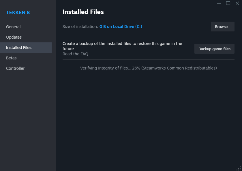 Screenshot of verifying Tekken 8&rsquo;s file integrity (Image via esports.gg)