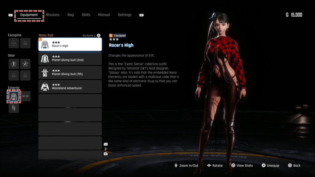 Eve’s Nanosuit selection screen in the game (Image via IGN)