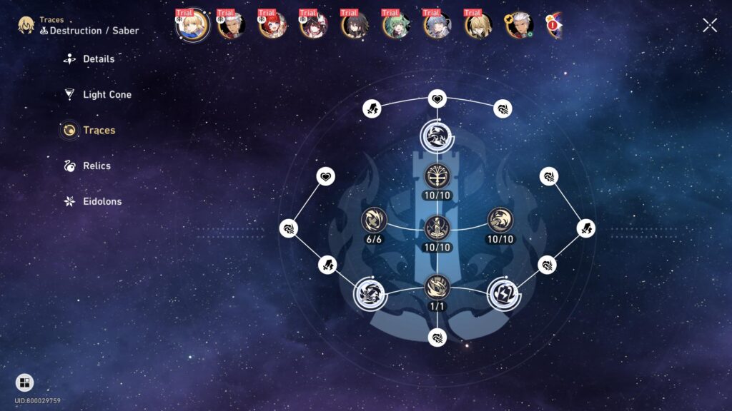 Saber&rsquo;s Trace build in Honkai Star Rail (Screenshot via esports.gg)