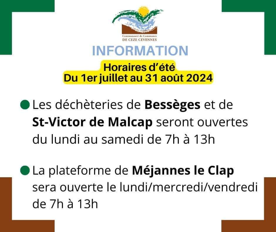 News Horaires ETE 2024 Déchèteries Mairie de Rivières illiwap news