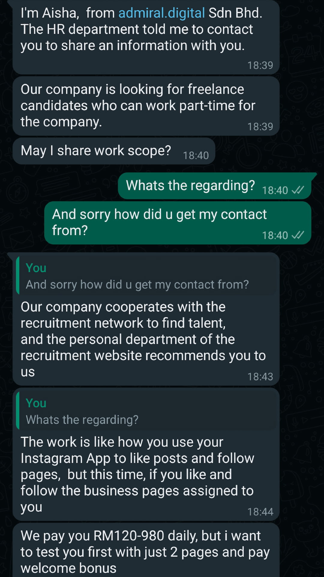 Scam alert Do not reply to WhatsApp messages for parttime roles