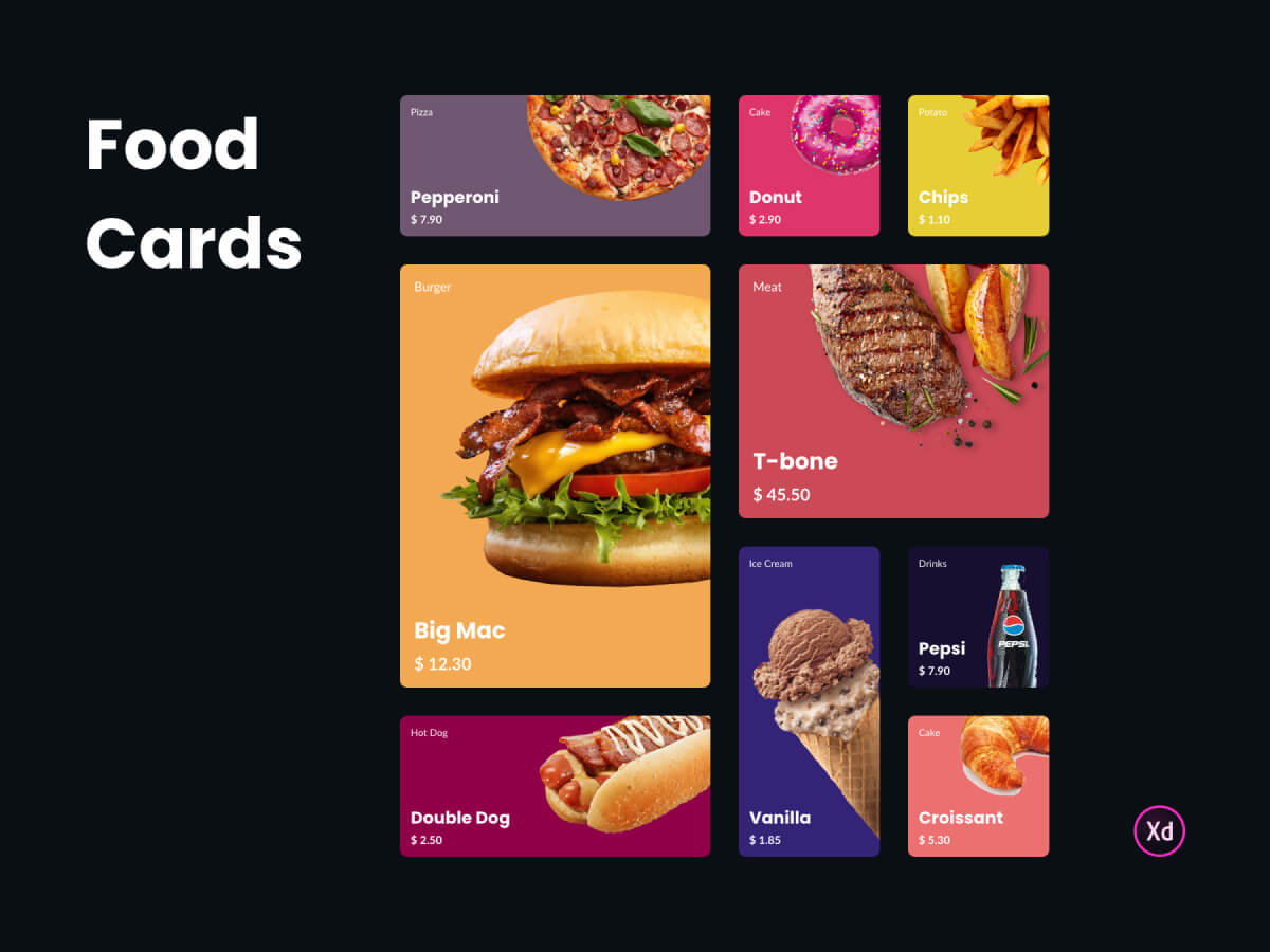 Food Cards UI Kit Free XD Resource Adobe XD Elements