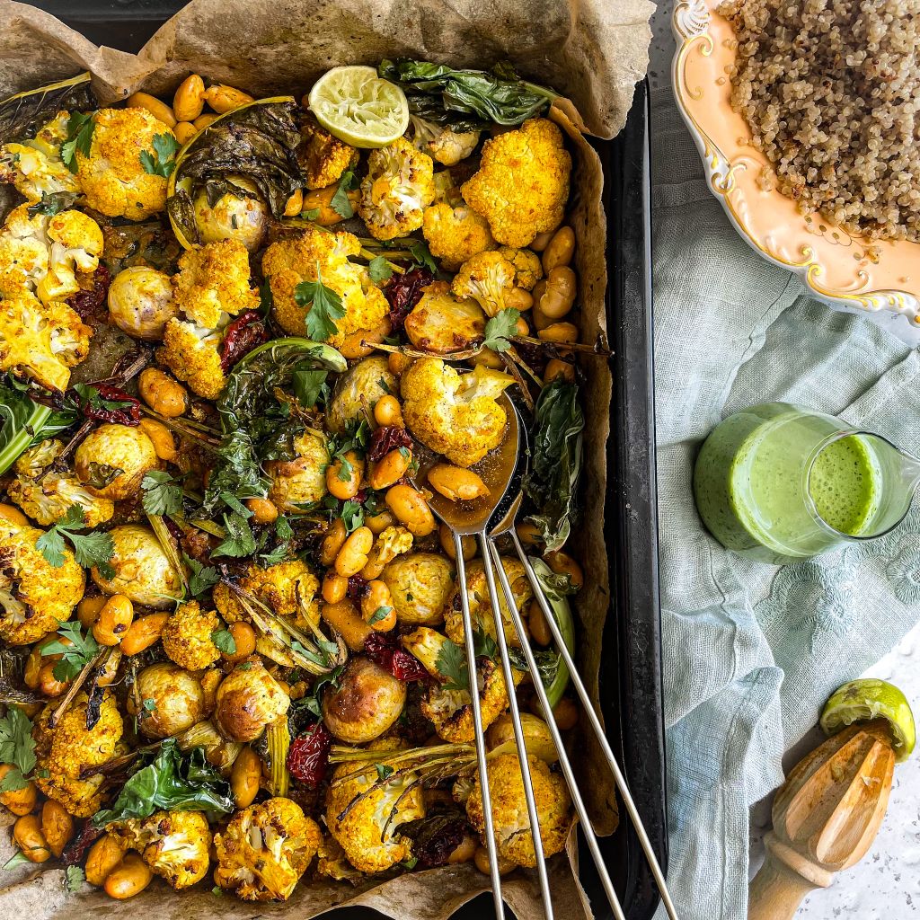 Spiced Cauliflower & Butterbean Traybake with Coriander Dressing Adre