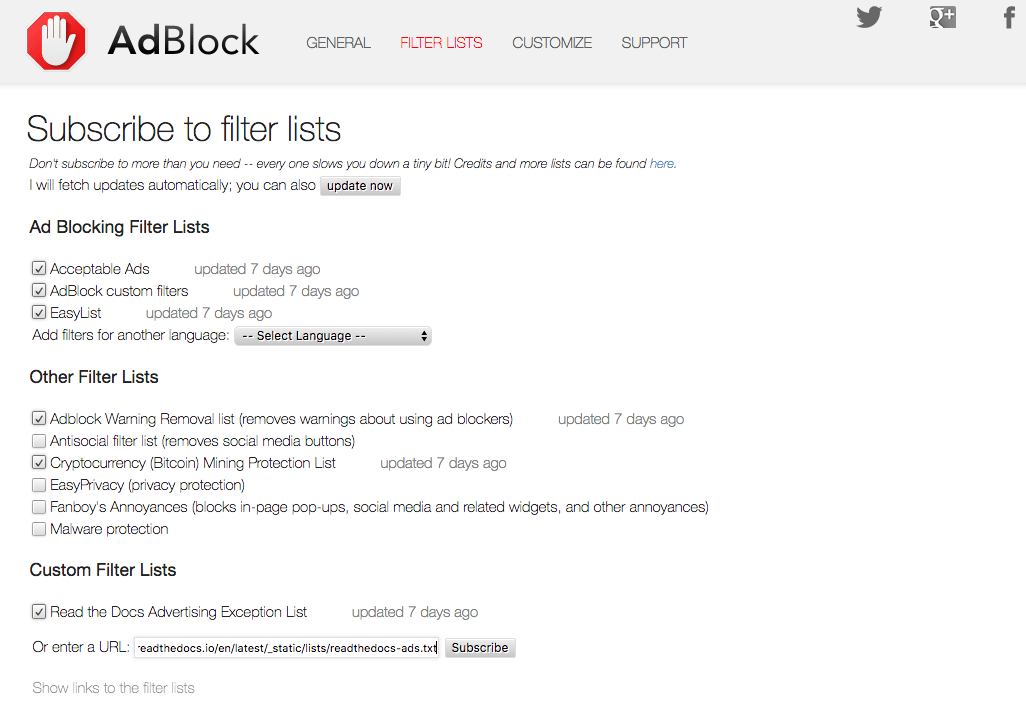 Installing Adblock Filter Lists — Ads for Open Source documentation