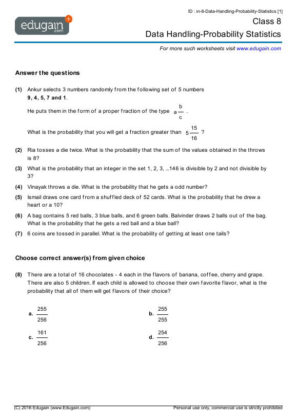Grade 8 Math Worksheets and Problems Data HandlingProbability