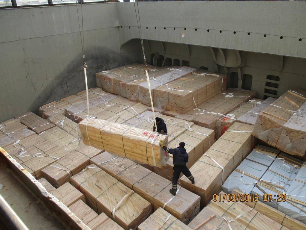 Packaged timber on deck and in the cargo holds