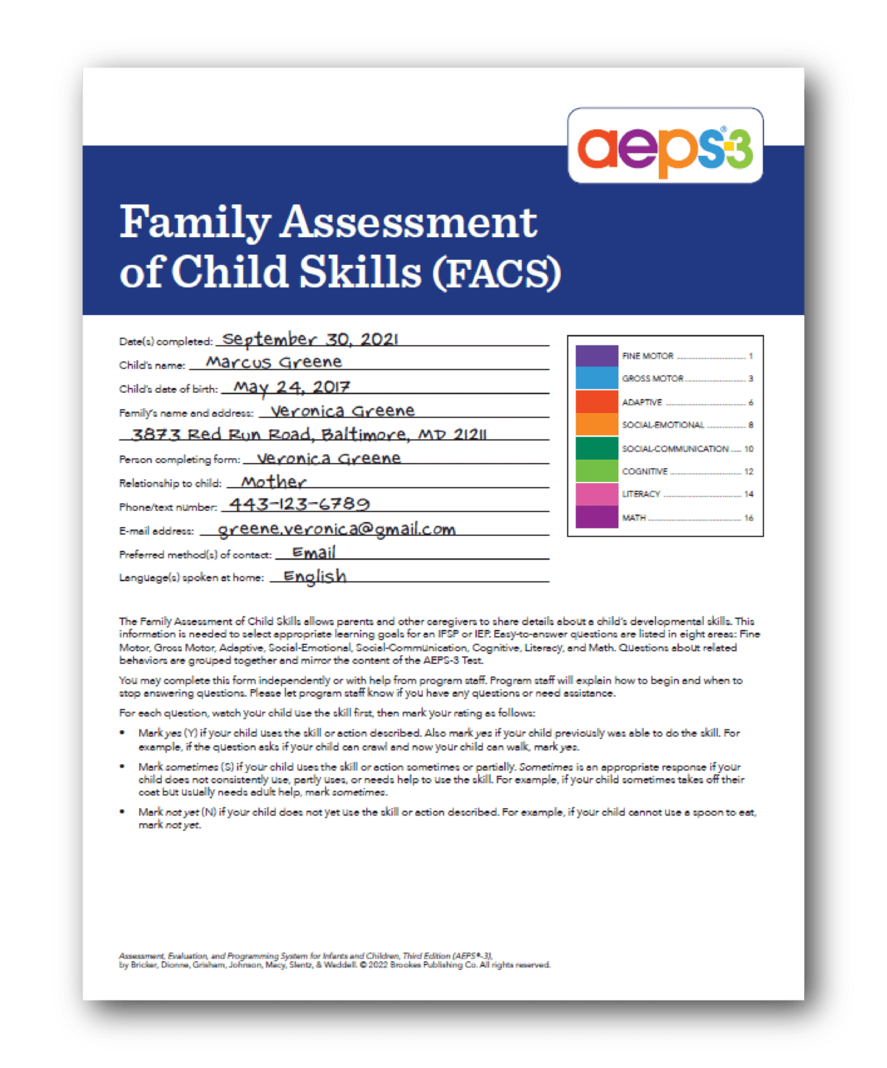 Sample Materials AEPS3 Early childhood assessment & curriculum