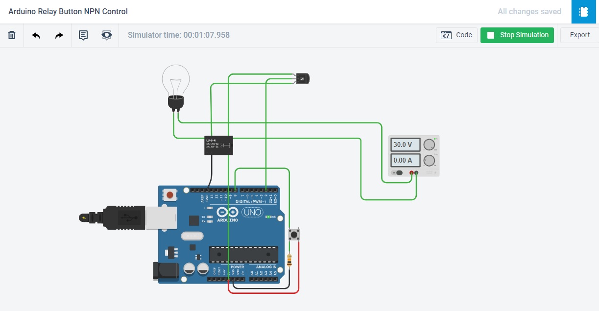 Arduino Relay Button With Npn Transistor Control On Tinkercad