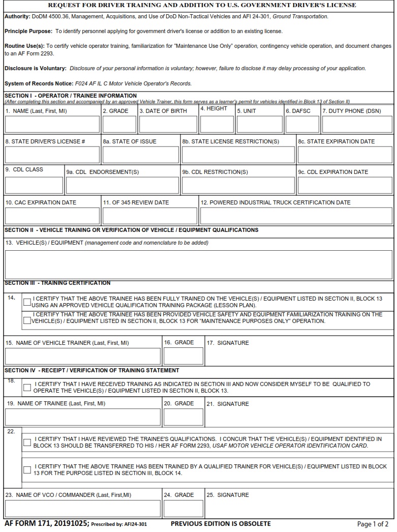 AF Form 171 Request For Driver Training And Addition To U.S