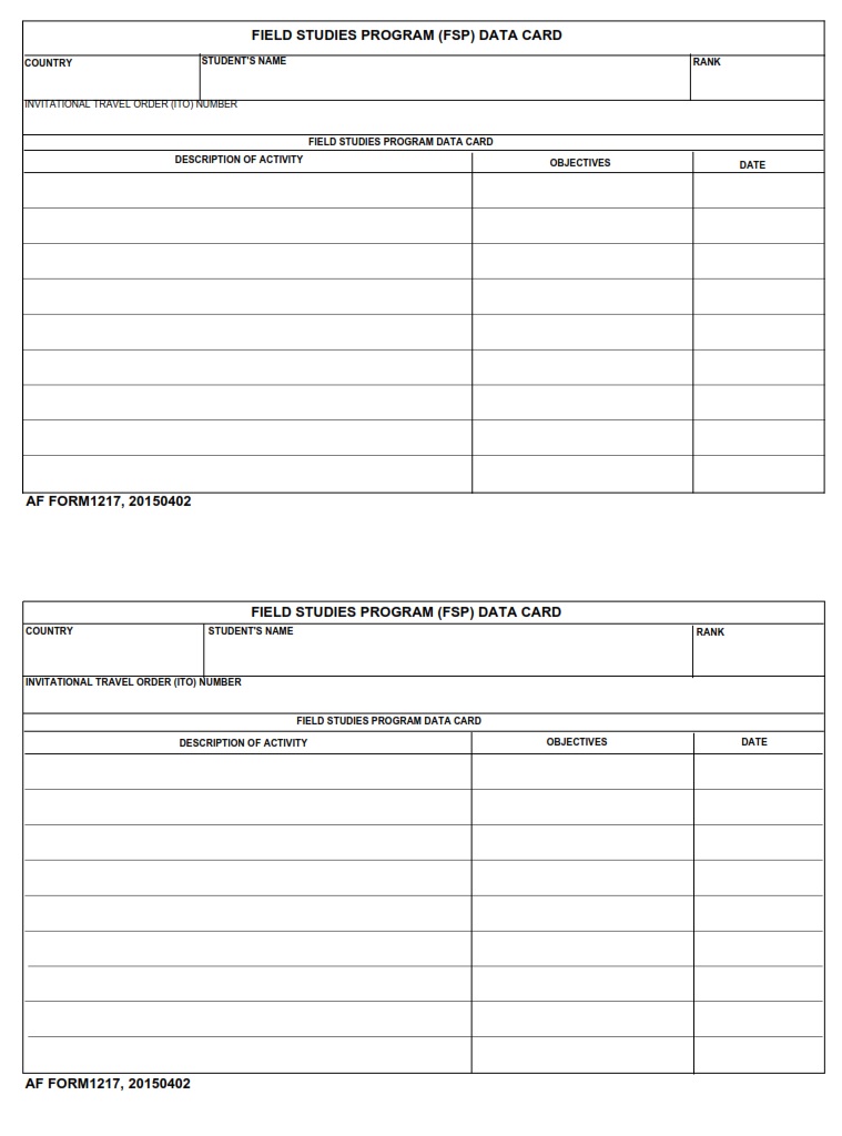 AF Form 1217 Field Studies Program (FSP) Data Card AF Forms