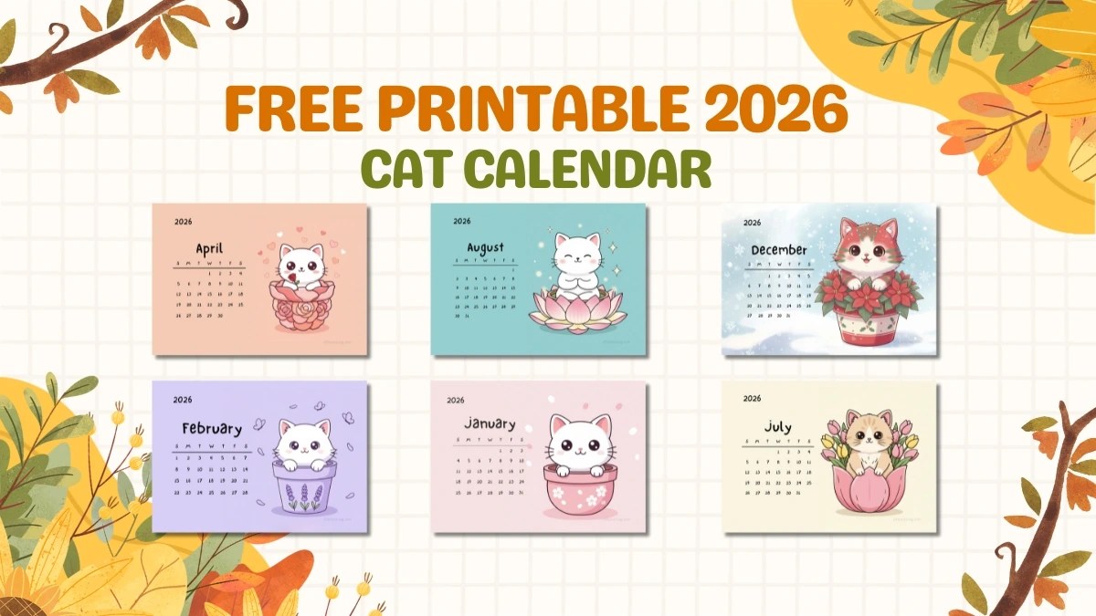 Free Printable 2026 Cat Calendar Cute Kawaii Cats in Flower Pots
