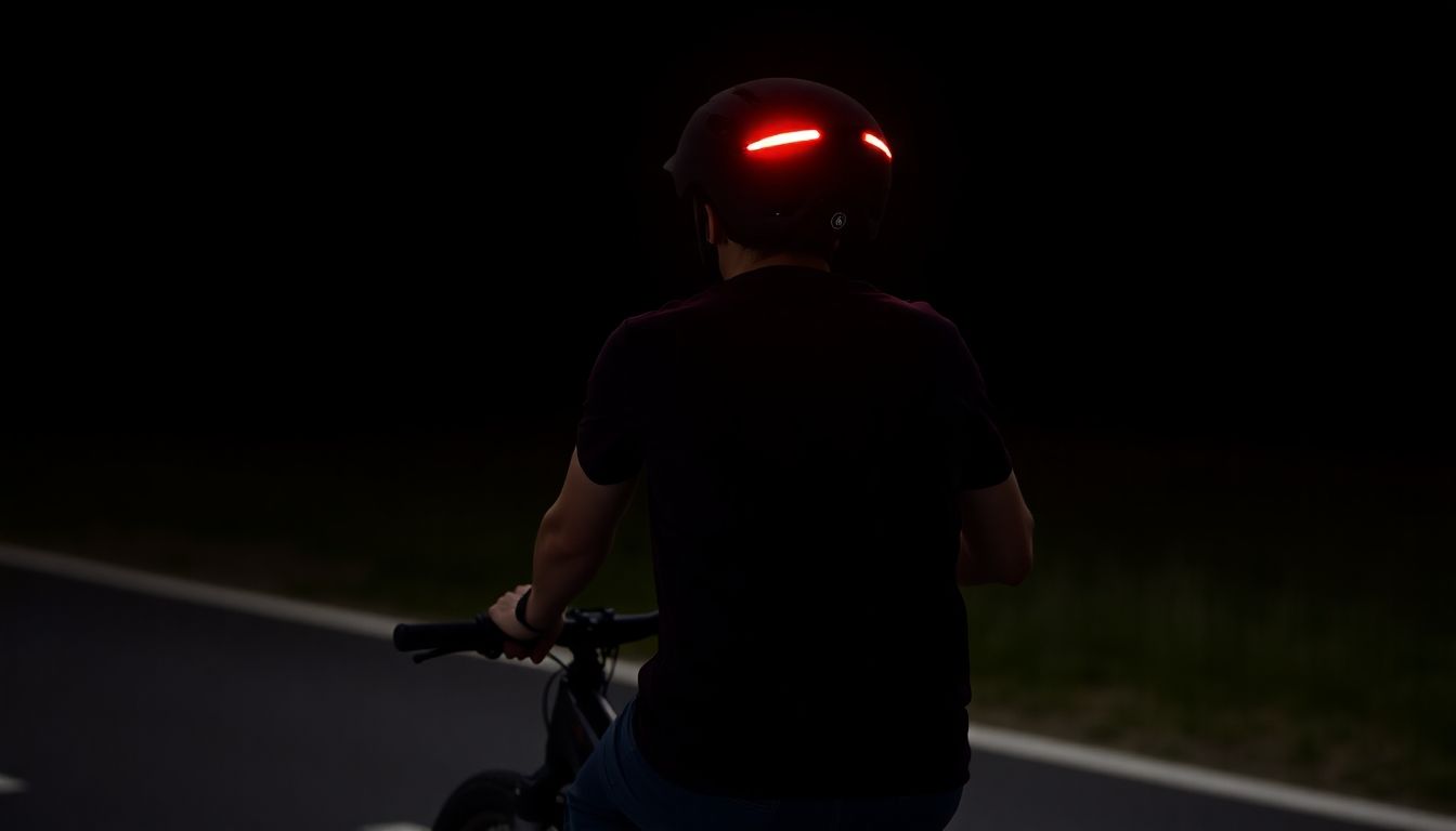 E-bike rider at night with glowing red helmet lights.