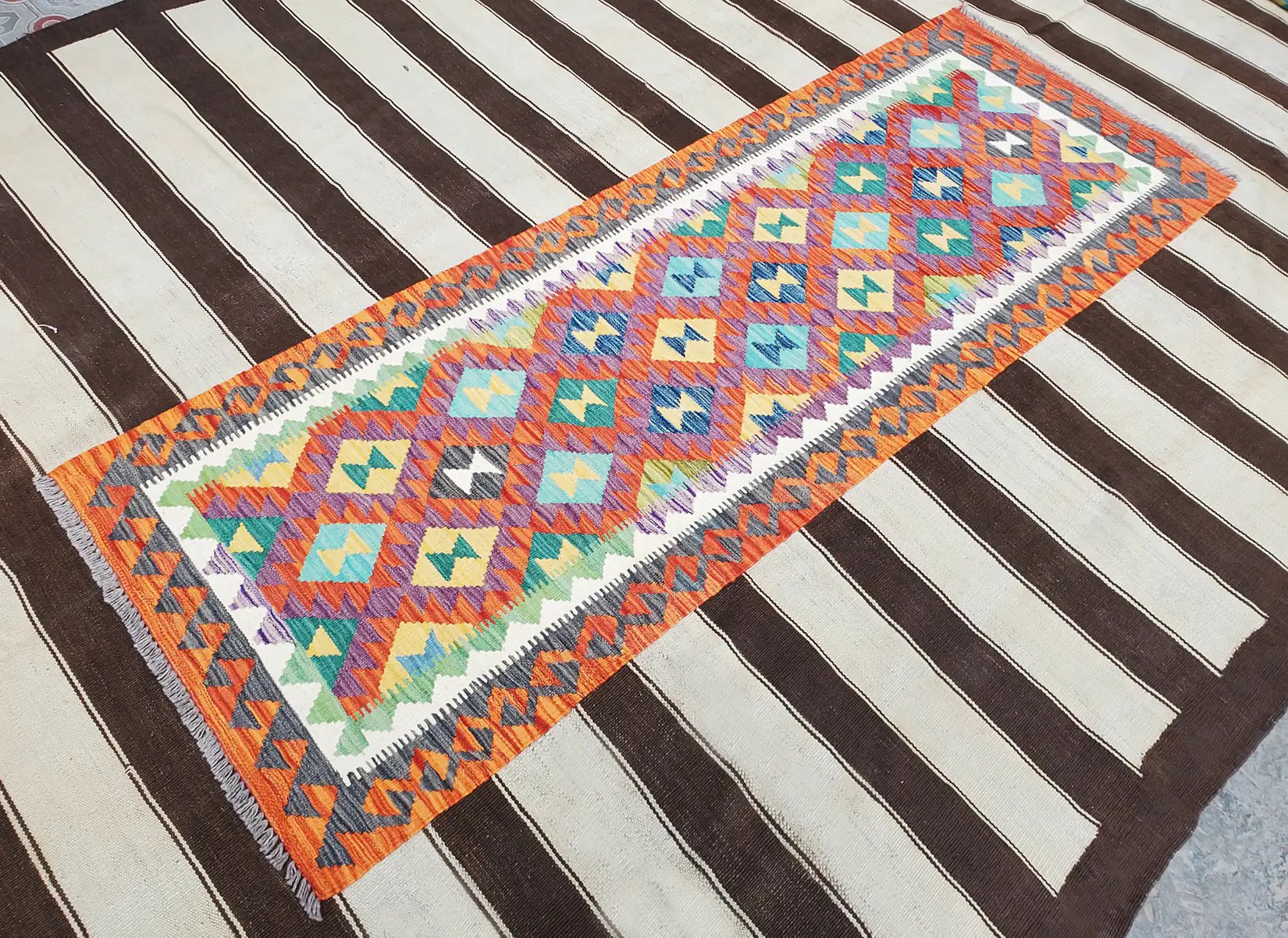Handmade 7x3 Wool Runner Kilim Rug with Geometrical Patterns Afghanu Rugs