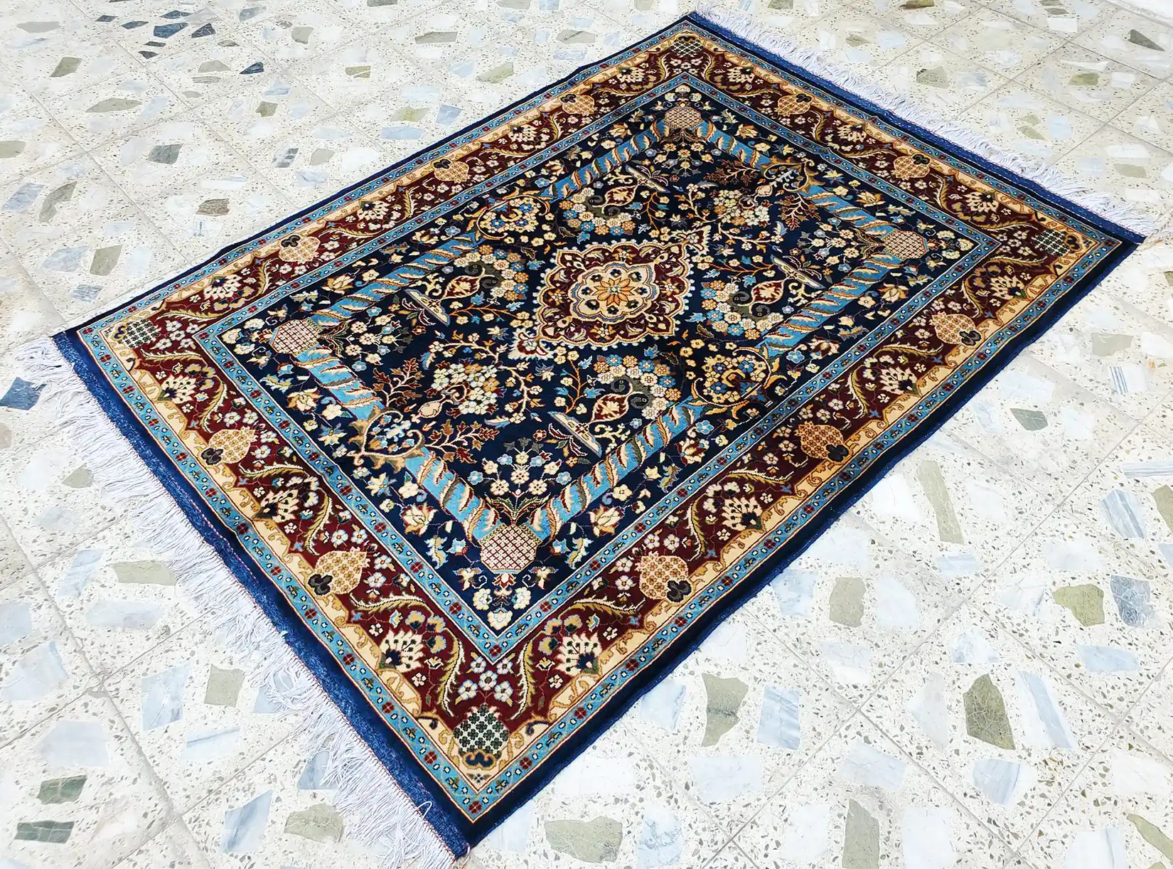 Navy Blue & Gold Persian Wool Rug 5ft x 6.5ft / 1.5m x 2m Afghanu Rugs