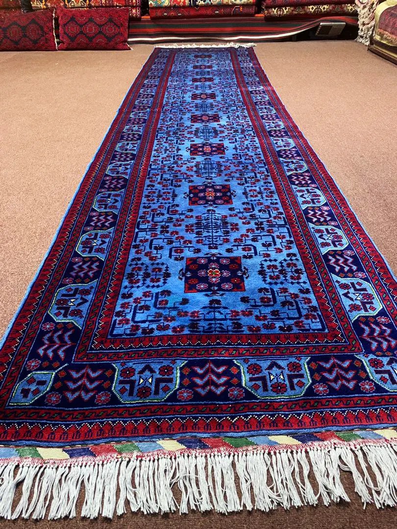 Blue Bokhara Runner Rug 4m x 0.8m / 13.01ft x 2.6ft Afghanu Rugs