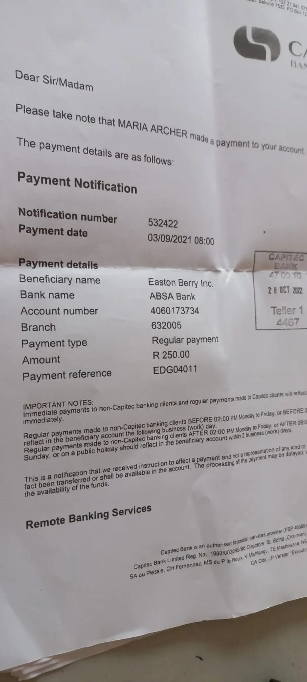 Complaint / review Eastonberry & Associates EDGARS ACCOUNT NUMBER