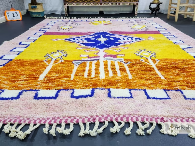 BISMA Pink and Yellow Rug Beni Ourain Carpet AfriKesh