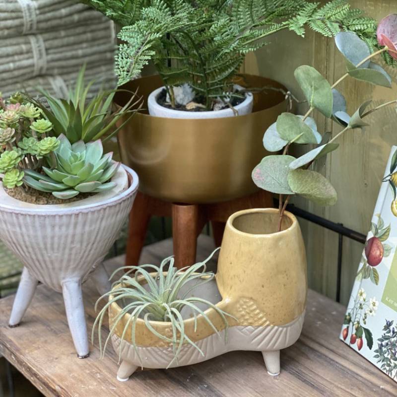 Striped White Terracotta Plant Pot On Tripod Legs