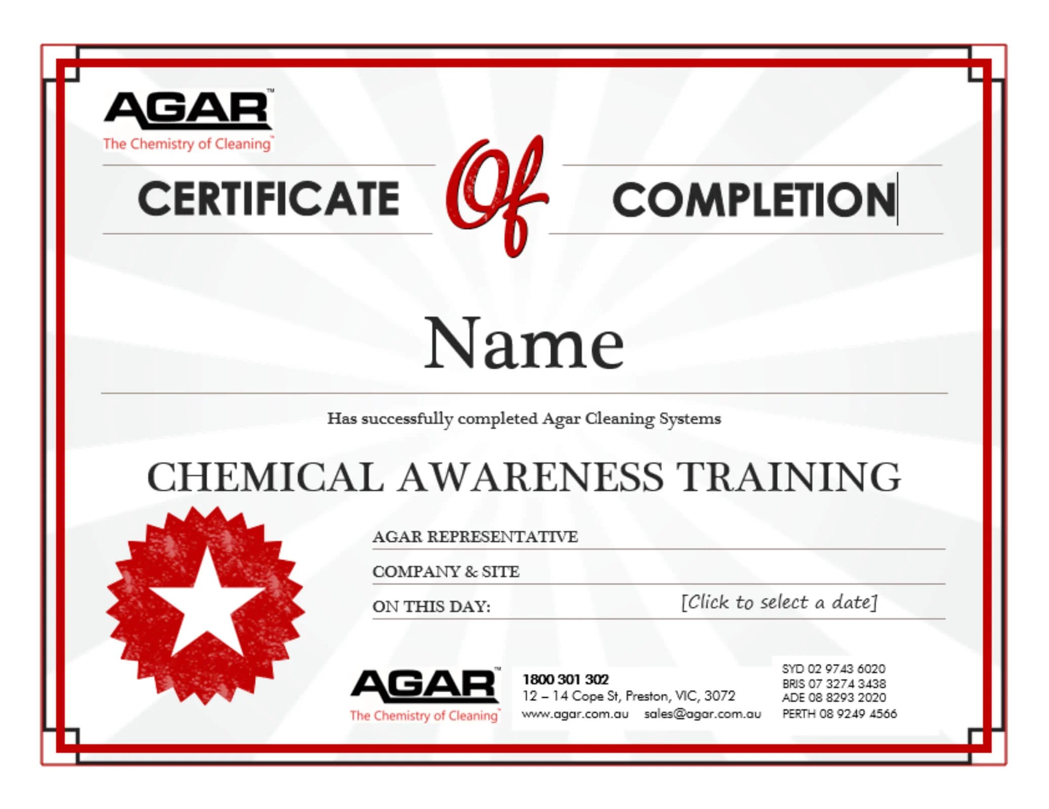 training certificate Agar Cleaning Systems Pty Ltd