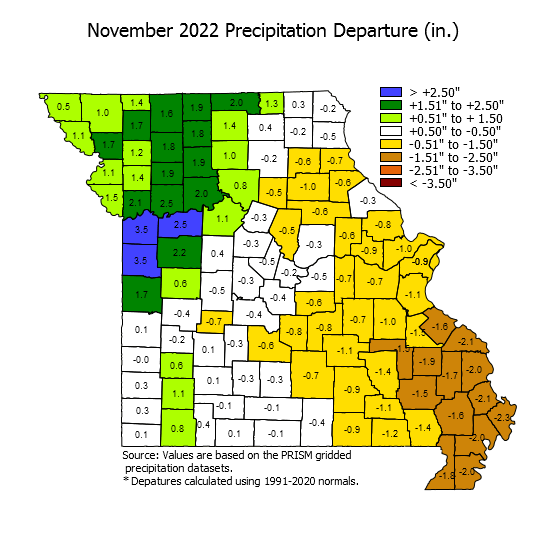 Missouri Agricultural Weather One Month Departure from Longterm