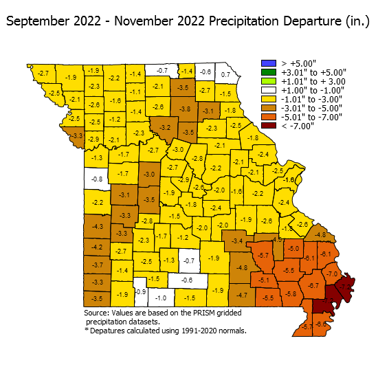 Missouri Agricultural Weather Three Month Departure from Longterm