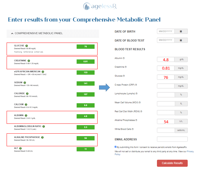 Biological Age Test Entering Results AgelessRx
