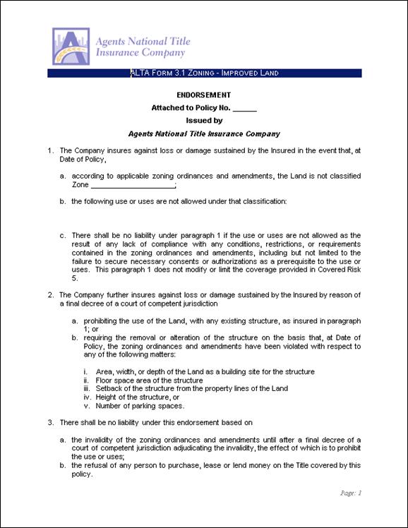 Zoning Endorsement, Expanded (ALTA 3.1) Underwriting Guidelines