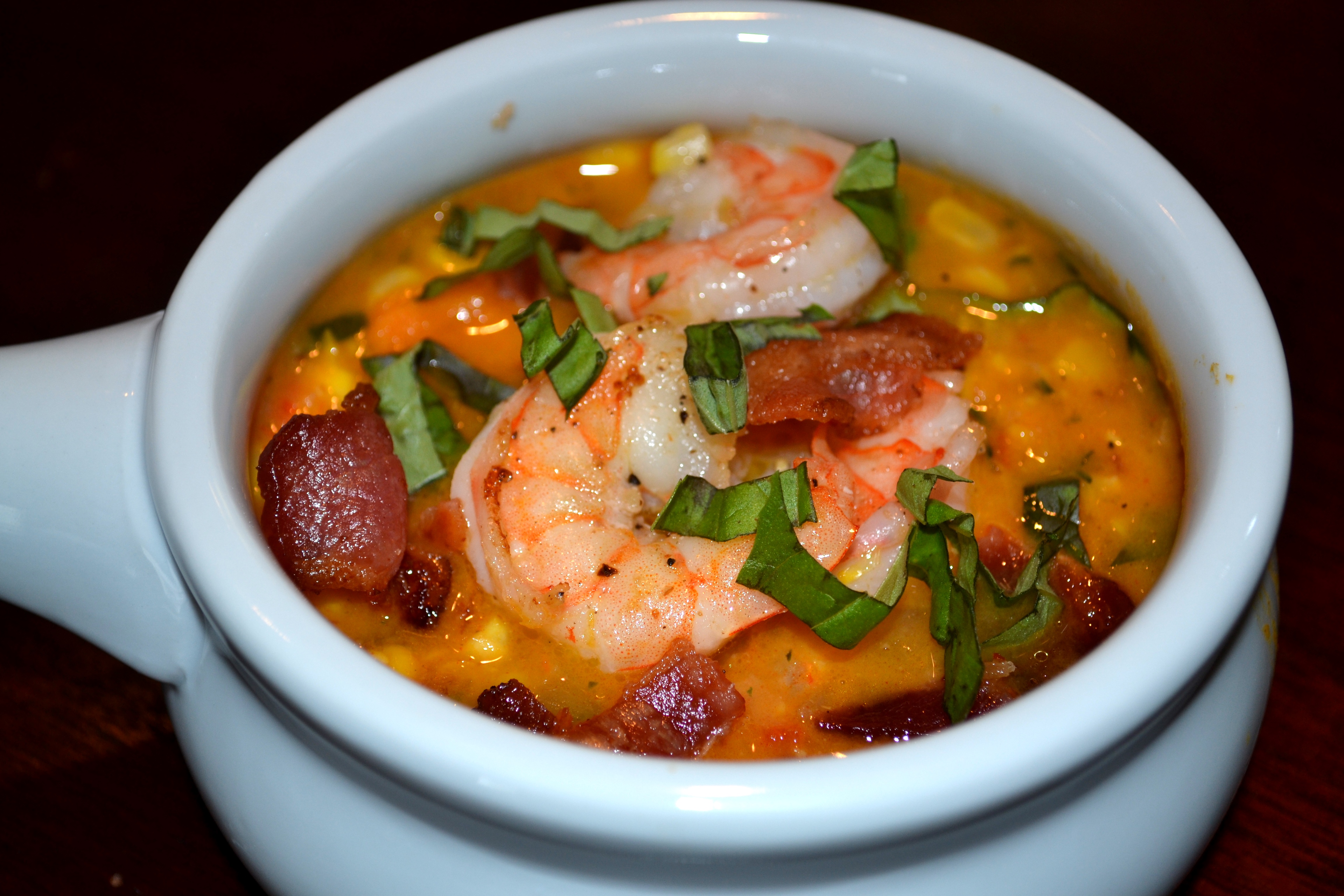 Smoky Corn Chowder with Sweet Potatoes, Shrimp and Applewood Bacon A