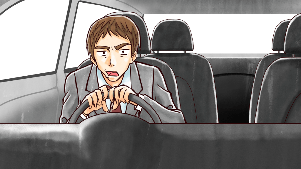 「車を運転して渋滞にイライラするスーツ姿の上司・社会人男性」の商用利用可能な無料&フリーイラスト素材 アイキャッチャー