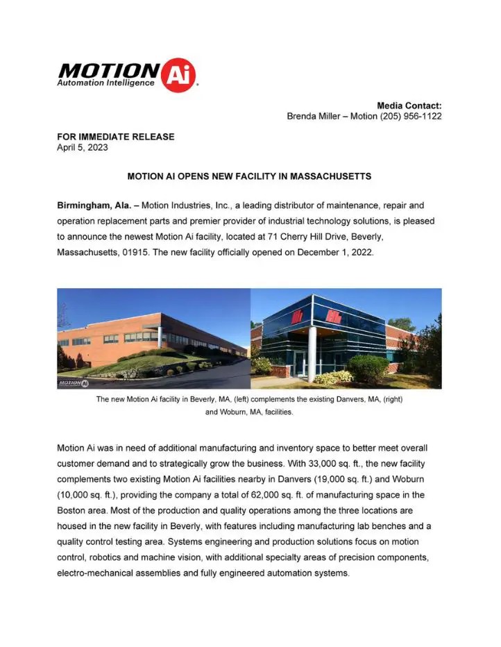 Motion Automation Intelligence Opens New Facility in Massachusetts