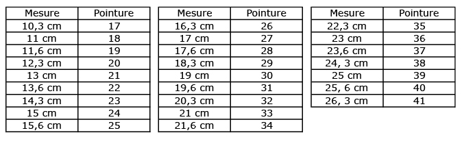 equivalence taille chaussures cm