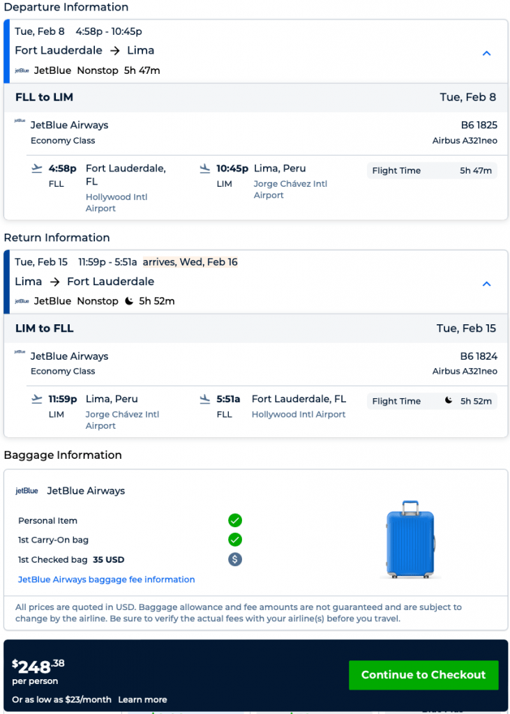  jetBlue; nonstop Fort Lauderdale to Lima, Peru for 248 R/T