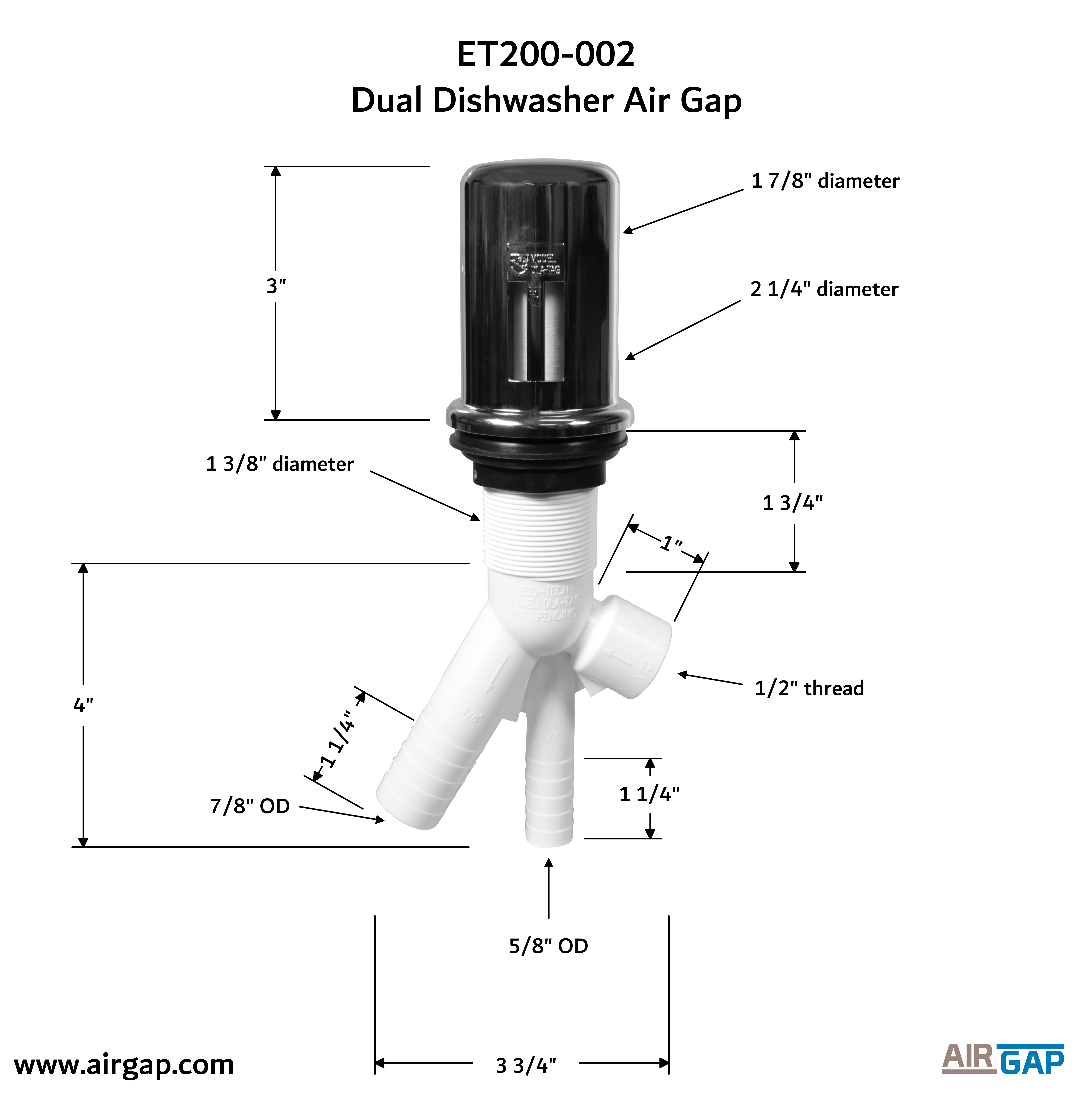 ET200002 Twin Inlet Airgap with 1/2″ MIPT x 5/8″ Barb Insert AirGap