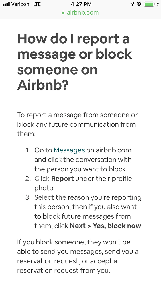 How do I report a message or block someone on Airbnb?