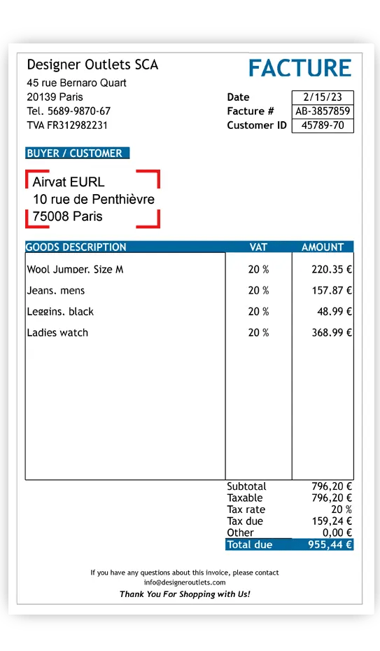Instructions for invoices in the name of Airvat