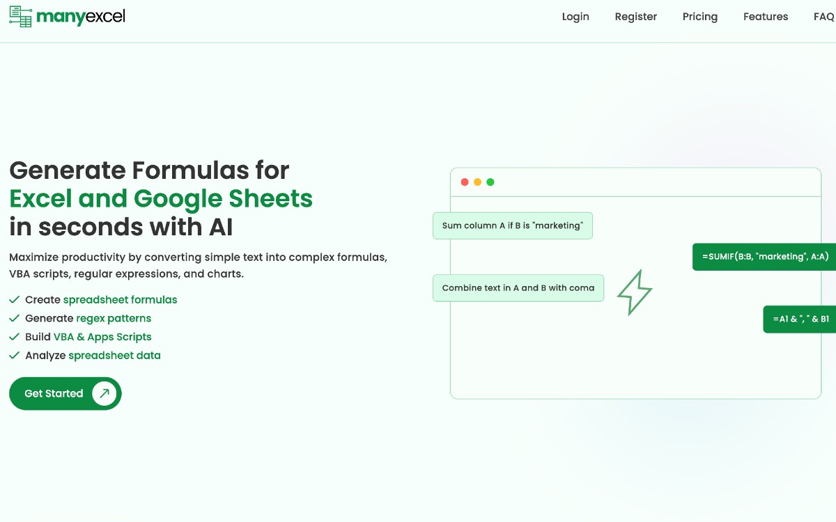 ManyExcel Generate Excel and Google Sheets Formulas AI Tools AI Tools