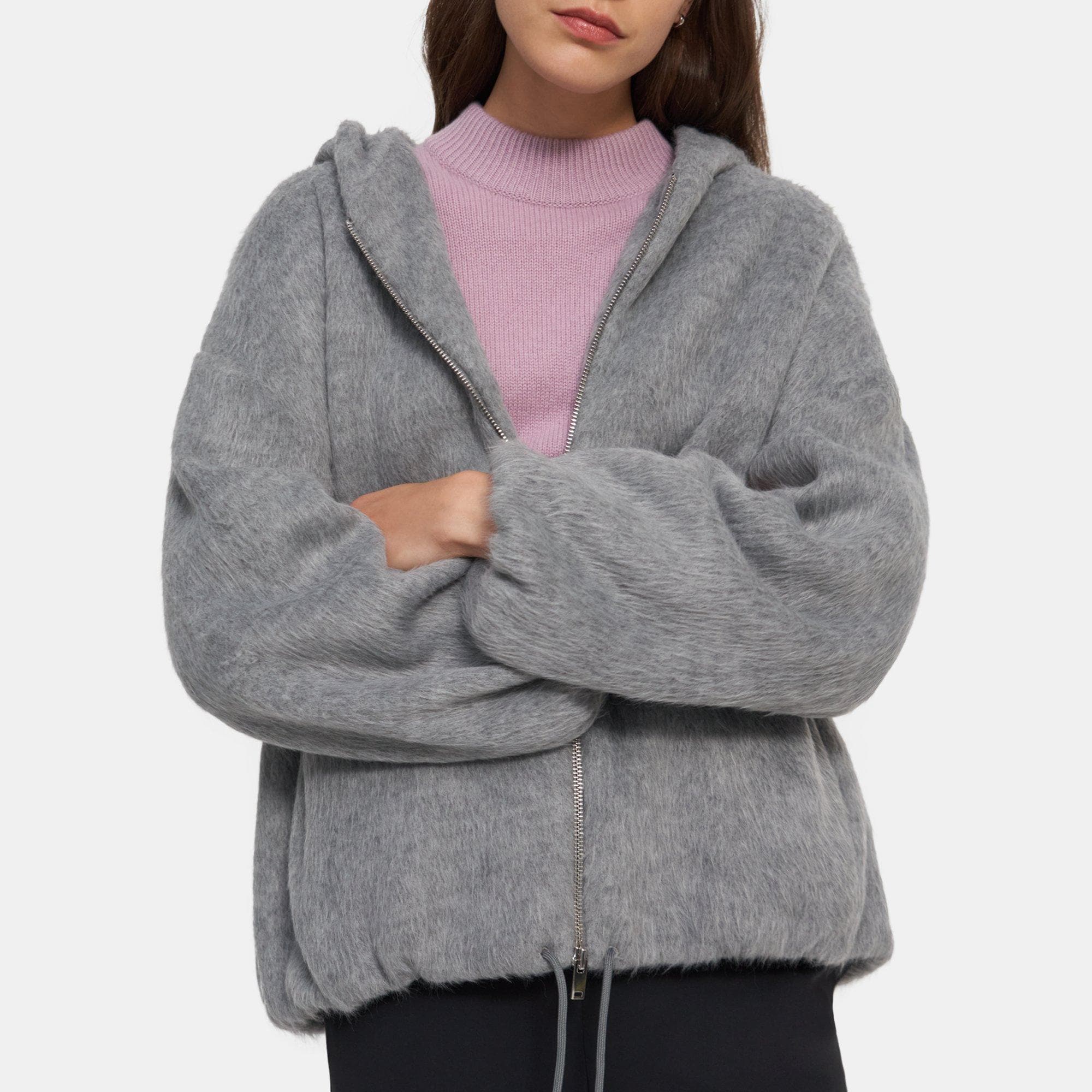 Faux Fur Jersey ZipUp Hoodie Theory