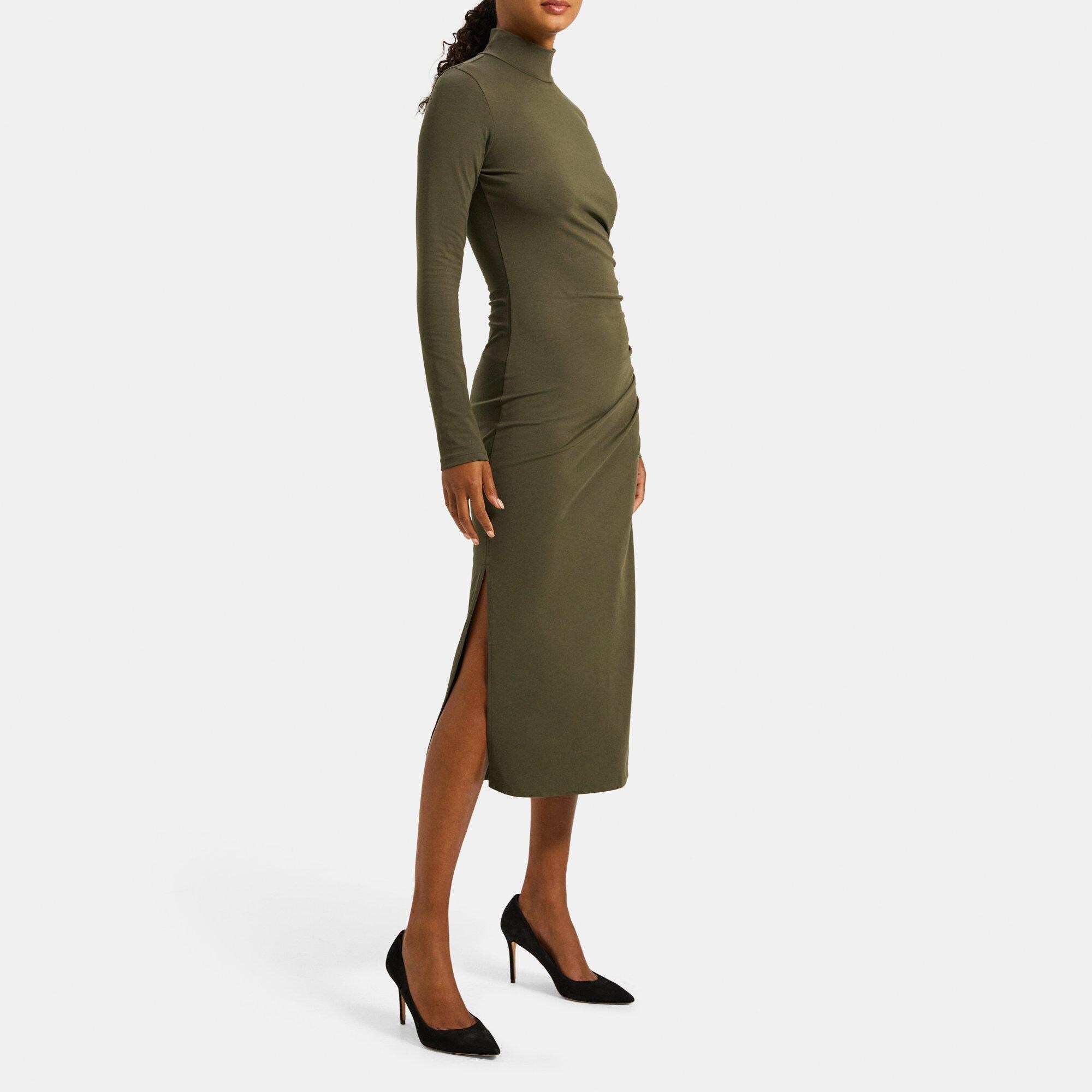 Pima Cotton Jersey Ruched Turtleneck Dress Theory Outlet