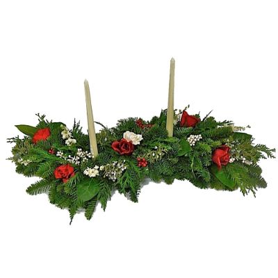 Red and White Holiday Rose Fresh Evergreen Centerpiece Frontgate